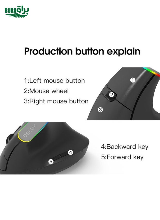 BURAQ - DELUX M618C 6 Keys 1600 DPI RGB Vertical Wireless Bluetooth Dual Mode Mouse(White) - Image 1