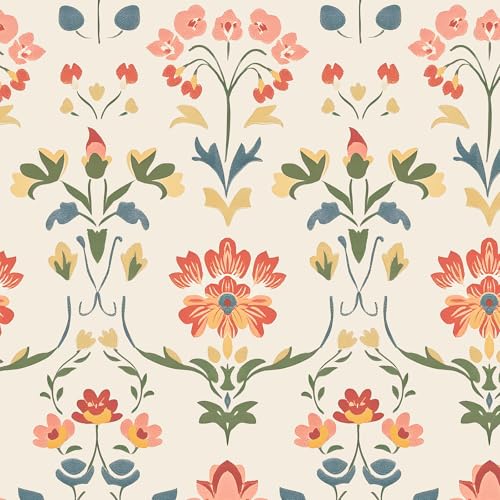 VOLEAAR Vintage Peel and Stick Wallpaper, Boho Yellow Floral Wallpaper Stick on Door Cabinet Bathroom, Damask Contact Paper Peelable Self Adhesive Abstract Wallpapers for Bedroom Beige 17.5In x 118In - Image 1