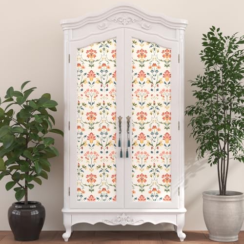 VOLEAAR Vintage Peel and Stick Wallpaper, Boho Yellow Floral Wallpaper Stick on Door Cabinet Bathroom, Damask Contact Paper Peelable Self Adhesive Abstract Wallpapers for Bedroom Beige 17.5In x 118In - Image 3