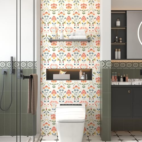 VOLEAAR Vintage Peel and Stick Wallpaper, Boho Yellow Floral Wallpaper Stick on Door Cabinet Bathroom, Damask Contact Paper Peelable Self Adhesive Abstract Wallpapers for Bedroom Beige 17.5In x 118In - Image 5