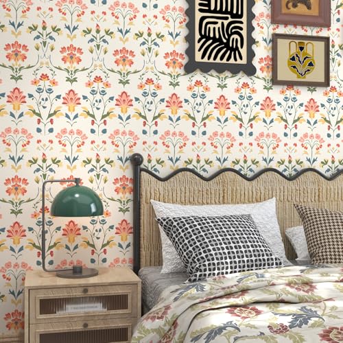 VOLEAAR Vintage Peel and Stick Wallpaper, Boho Yellow Floral Wallpaper Stick on Door Cabinet Bathroom, Damask Contact Paper Peelable Self Adhesive Abstract Wallpapers for Bedroom Beige 17.5In x 118In - Image 4