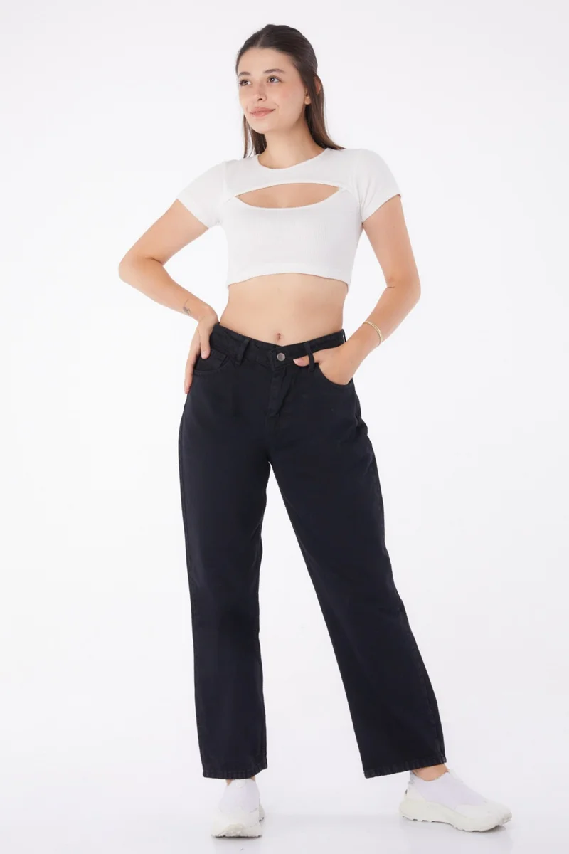 Tofisa Plain Mid Women Black High Waist Palazzo Jeans - 23666