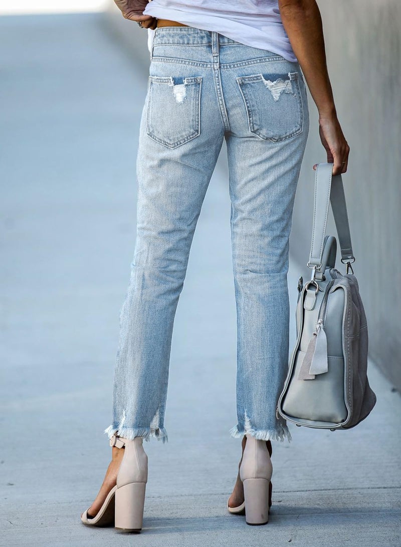 EVALESS Jeans for Women Trendy 2025 Casual High Waisted Ripped Stretchy Frayed Hem Ankle Length Denim Pants Size 10 - Image 2