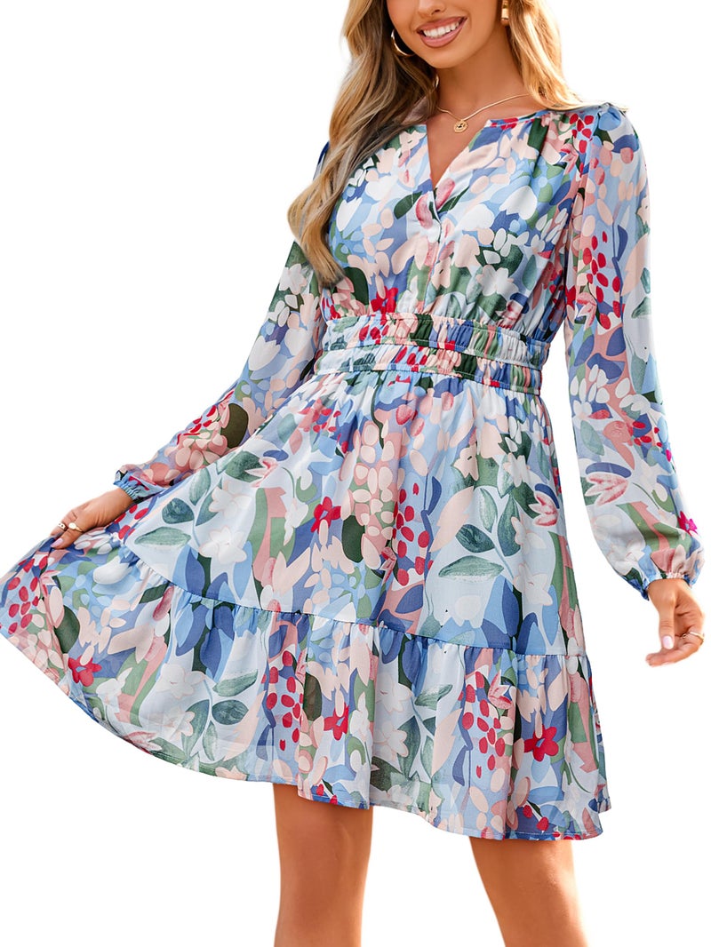 Simplee Womens Fall Floral Mini Dress Boho Empire Waist Swing Flowy Formal Dress Vacation Clothes Spring Summer Dressï¼ˆBlue Floral Lï¼‰ - Image 1