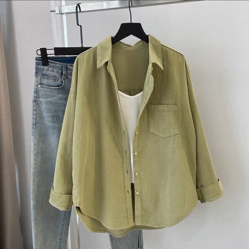 French Design Sense Niche Corduroy Sanding Retro Hong Kong Flavor Light Mature Shirt Womens 2025 Spring and Autumn New Top Green - Image 1