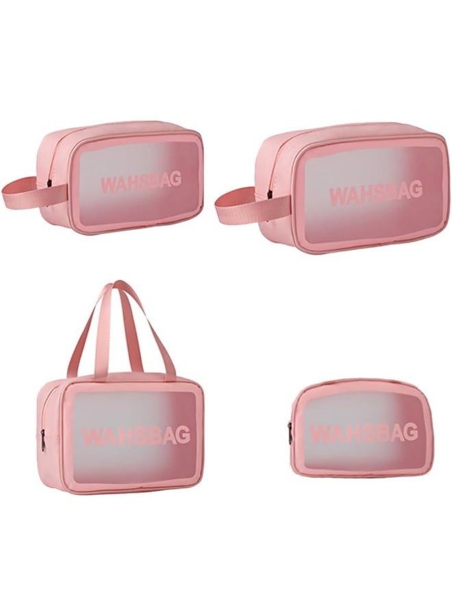 Travel Toiletry Bags for Women – Pack of 4 Makeup Bags with Handle, Varied Sizes, Large Capacity & Waterproof Translucent Cosmetic Organizer (Pink) - Image 3