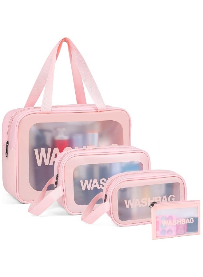 Travel Toiletry Bags for Women – Pack of 4 Makeup Bags with Handle, Varied Sizes, Large Capacity & Waterproof Translucent Cosmetic Organizer (Pink) - Image 1