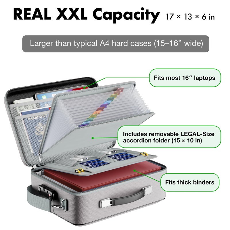 TRIKTON XXL Legal-Size Fire & Water-Resistant Document Box with TSA Lock - Hard-Shell Case (17Ã—13Ã—6 in) Hard Case File Organizer for Important Documents, Laptop, Passport, Wills, Certificates (Silver) - Image 2