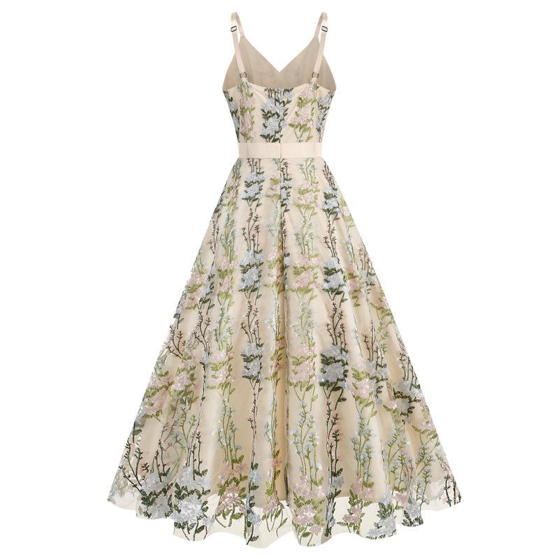 IWEMEK Women's Floral Embroidered Tulle Prom Maxi Dress A line Evening Gowns Summer Beach Floral Embroidery Tulle Dress for Women Flower Prom Dress Formal Wedding Guest Evening Dress Apricot-Blue Flower L - Image 2