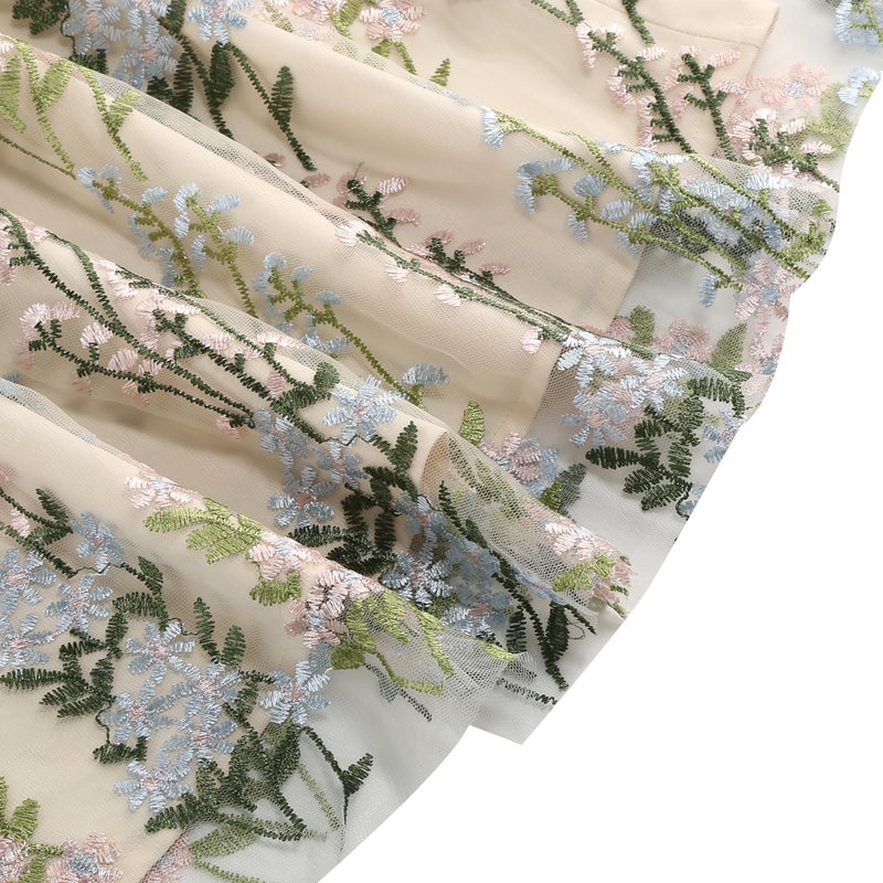IWEMEK Women's Floral Embroidered Tulle Prom Maxi Dress A line Evening Gowns Summer Beach Floral Embroidery Tulle Dress for Women Flower Prom Dress Formal Wedding Guest Evening Dress Apricot-Blue Flower L - Image 4