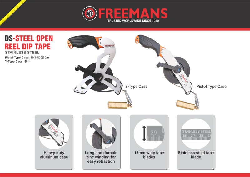 FREEMANS 15m:13mm Stainless Steel Open Reel Dip Measuring Tape - 15m/50ft With Soft Grip Bi-Material Handle || Pistol Type Case || Plumb Bob For Depth Measurement of Oil/Water Tankers - Image 2