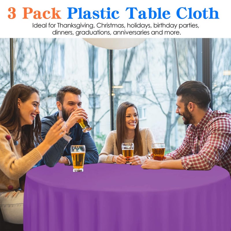 YSYJ 3 Pack Purple Plastic Tablecloth Disposable Round Table Cloth 84 Inch Table Cover for Parties - Image 4