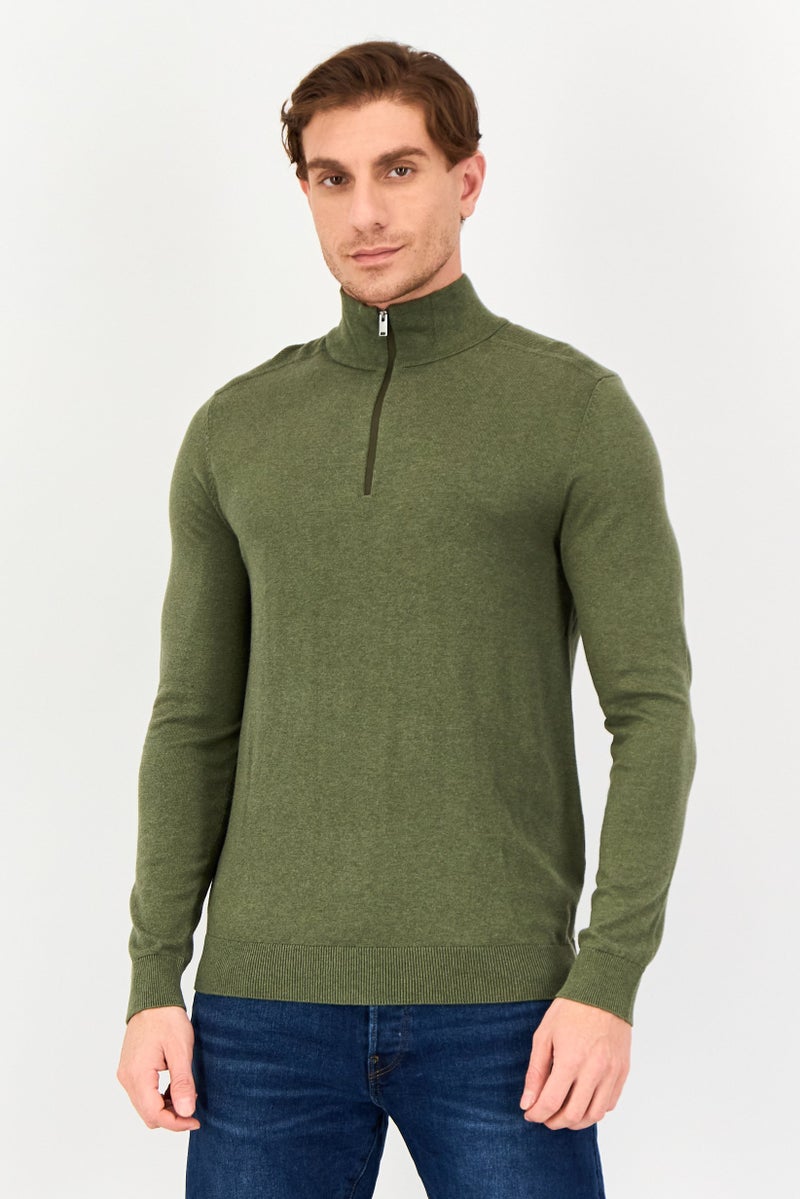 Selected Homme Men Crew Neck Long Sleeve Knitted Half Zip Sweater, Olive - Image 1