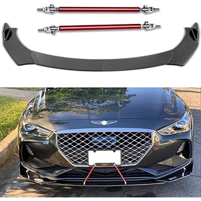 DREAMIZER Universal Front Bumper Lip Strut Rod Spoiler Wing Wide Body Kit Spoiler with Adjustable 8"-11" Support Splitter Rods (Red) - Carbon FiberRound Corner - Image 1