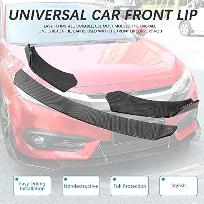 DREAMIZER Universal Front Bumper Lip Strut Rod Spoiler Wing Wide Body Kit Spoiler with Adjustable 8"-11" Support Splitter Rods (Red) - Carbon FiberRound Corner - Image 2