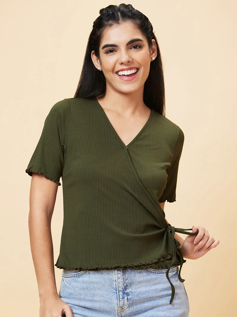 globus Women Olive Green V-Neck Waist Tie Ups Wrap Top