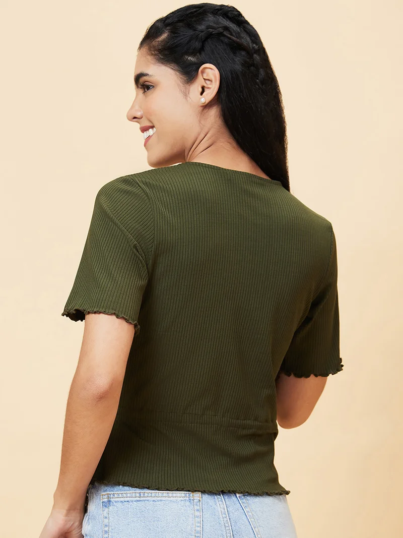 globus Women Olive Green V-Neck Waist Tie Ups Wrap Top