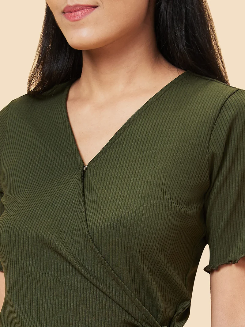 globus Women Olive Green V-Neck Waist Tie Ups Wrap Top