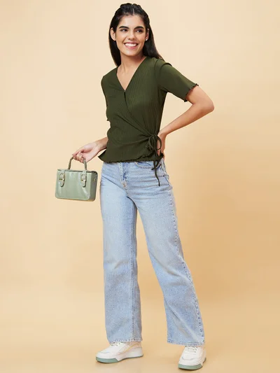 globus Globus Women Olive Green V-Neck Waist Tie Ups Wrap Top