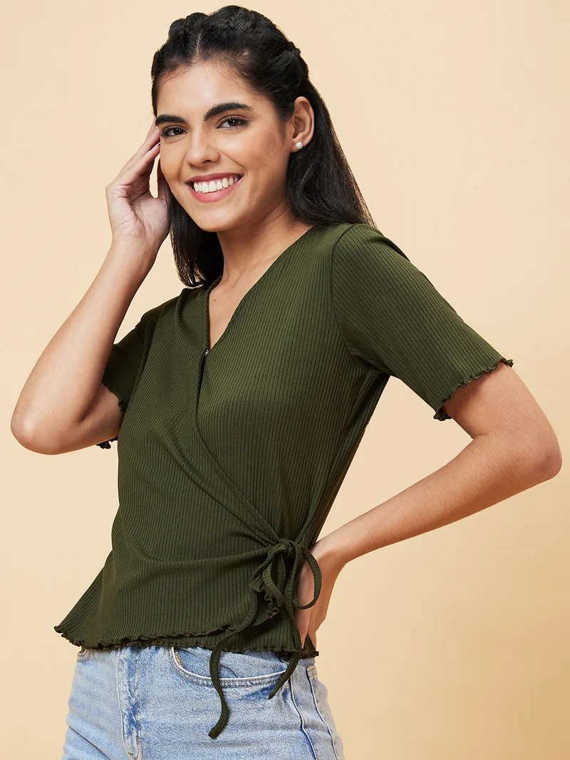 globus Globus Women Olive Green V-Neck Waist Tie Ups Wrap Top