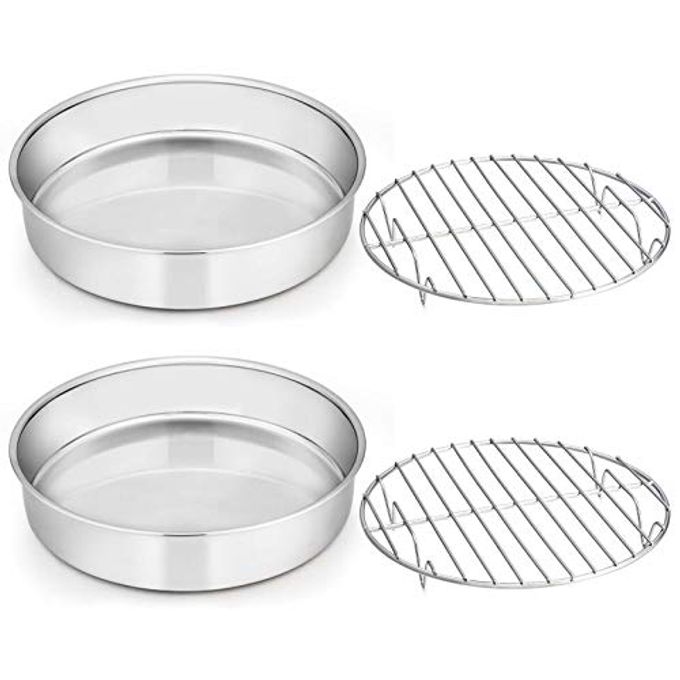 E-far 9Â½-inch Cake Pan with Rack Set, Stainless Steel Round Cake Pans and Baking Cooling Racks, Non Toxic & Healthy, Mirror Polished & Dishwasher Safe - 4 Pieces (2 Pans + 2 Racks)