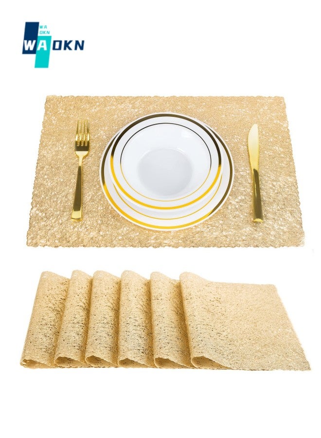 WAOKN 6-piece Gold Placemats, Hollow Design PVC Pressed Vinyl Table Centerpiece, 30x45cm Placemats Non-slip Insulated Placemats Washable Table Mat Set - Image 1