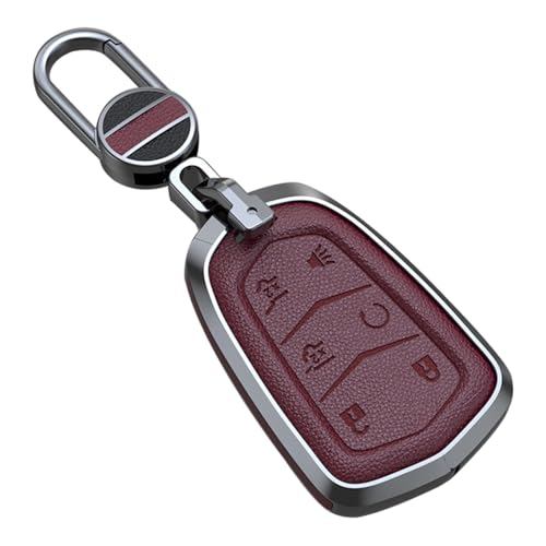 ontto 6-Button Key Fob Cover Fit for Cadillac Escalade 2015-2020 Smart Remote Key Case Metal and Leather Key Holder Full Protection Fit for Cadillac XT4 XT5 XT6 Accessories Red - Image 1