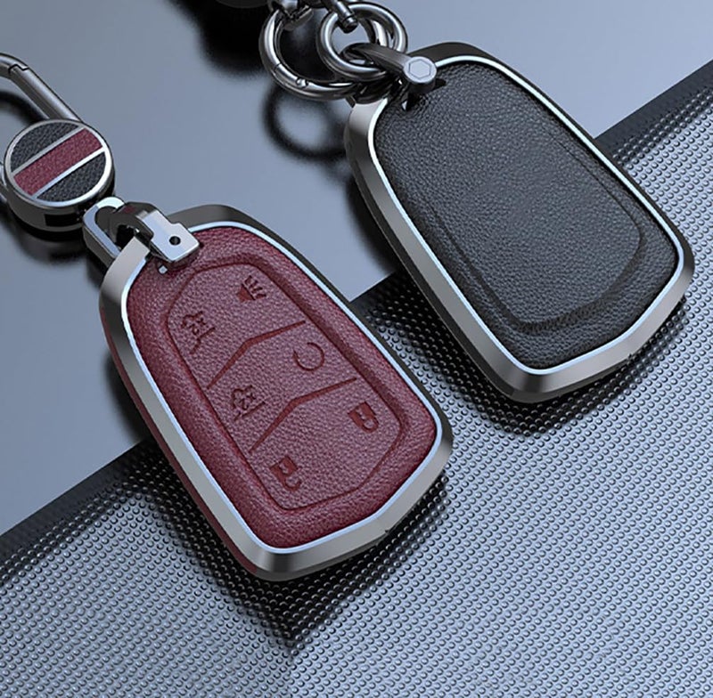 ontto 6-Button Key Fob Cover Fit for Cadillac Escalade 2015-2020 Smart Remote Key Case Metal and Leather Key Holder Full Protection Fit for Cadillac XT4 XT5 XT6 Accessories Red - Image 3