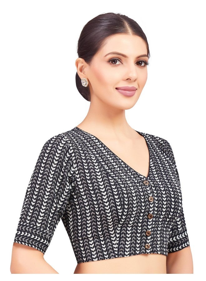 Studio Shringaar Women's Black & White Cotton Printed Saree Blouse with Elbow Length Sleeves (Black, 38) - Image 4
