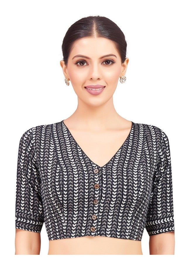 Studio Shringaar Women's Black & White Cotton Printed Saree Blouse with Elbow Length Sleeves (Black, 38) - Image 1