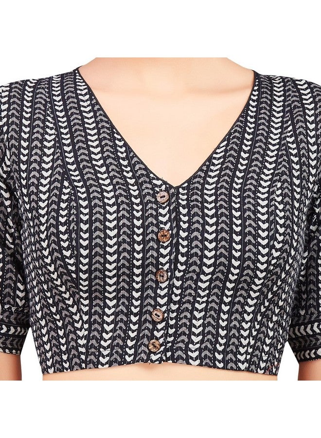 Studio Shringaar Women's Black & White Cotton Printed Saree Blouse with Elbow Length Sleeves (Black, 38) - Image 5