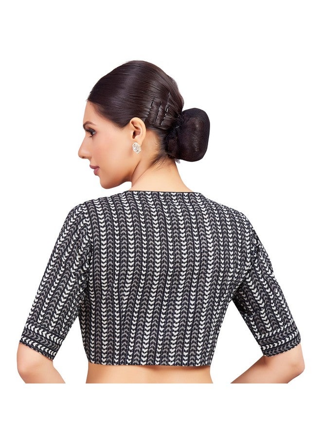 Studio Shringaar Women's Black & White Cotton Printed Saree Blouse with Elbow Length Sleeves (Black, 38) - Image 2
