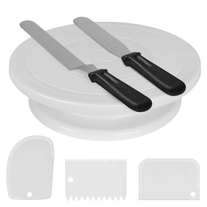 HPK Rotating Cake Turntable with 2 Icing Spatula and Icing Smoother, Revolving Cake Stand White Banking Cake Decorating Supplies - Image 1