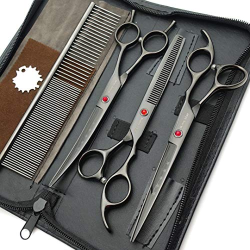 Kingstar 7.0in Professional Pet Grooming Scissors Set,Straight & Thinning & Curved Scissors 3pcs Set with Comb for Dog Grooming,A419 (Black-Grey) - Image 2