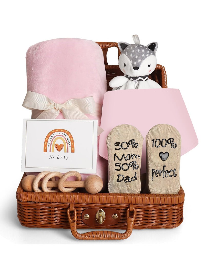 NNEWVANTE Baby Gift Basket, Newborn Gift Set with Baby Blanket Baby Rattle, Newborn Baby Gift Set, Newborn Baby Gifts, Medium Baby Gift Basket Kit for Expecting Moms(PINK) - Image 1