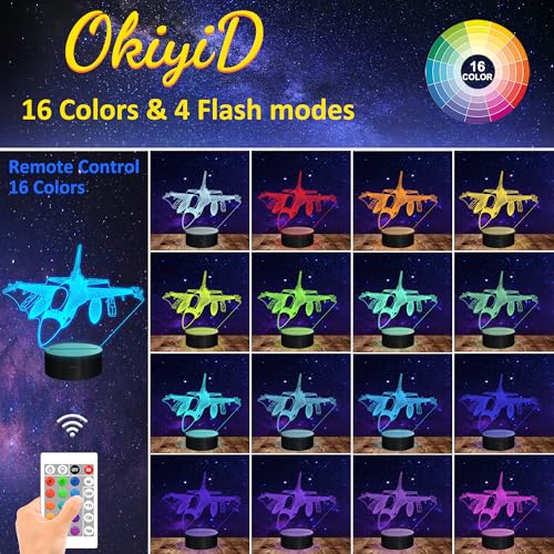 OkiyiD Airplane Model Gifts for Boys Men Pilot, 16 Colors Airplane Night Light for Aviation Lovers Room Decor, F-16 Fighting Falcon Jet Plane 3D Illusion Lamp for Kids Xmas Gifts - Image 3