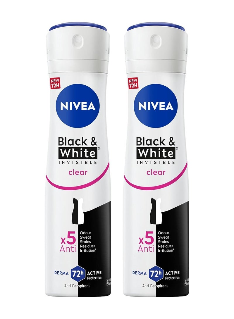 NIVEA Antiperspirant Spray for Women, 48h Protection, Black & White Invisible Original, 2x150ml