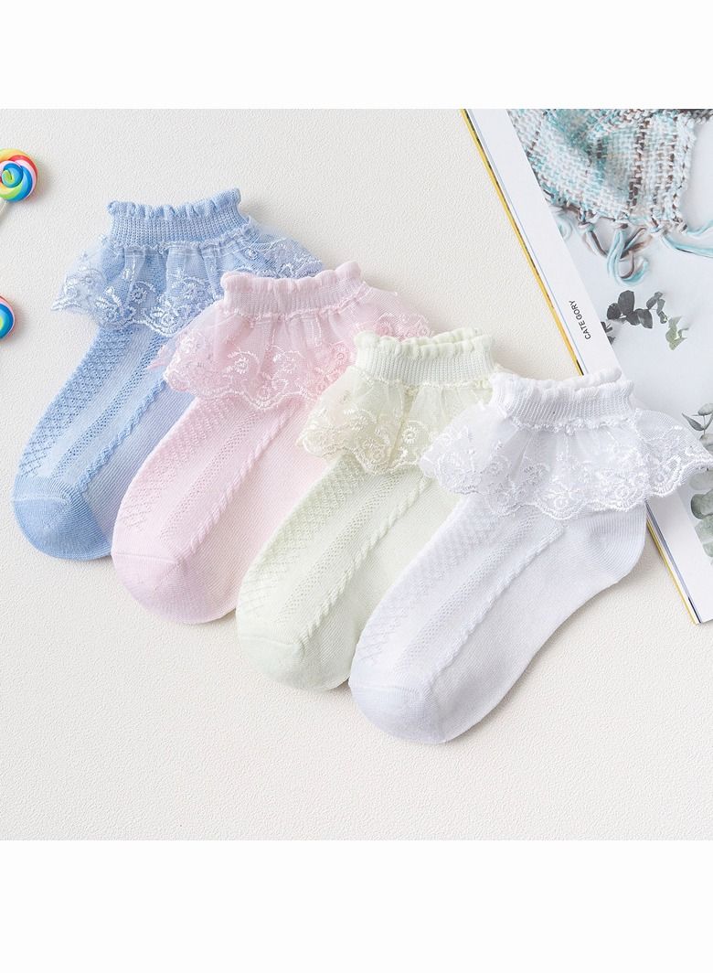 4 Pairs of Princess Lace Socks for Girls, Crew Socks for Girls - Image 1