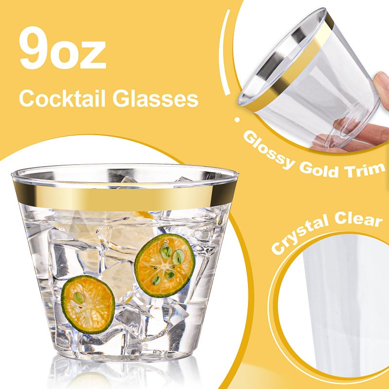 Bestluck 100 Pack 9 oz Gold Plastic Cups  Clear Disposable Cups with Gold Rim  Plastic Cocktail Glasses for Parties  Weddings - Image 3