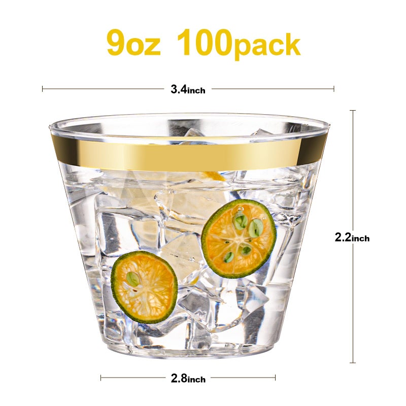 Bestluck 100 Pack 9 oz Gold Plastic Cups  Clear Disposable Cups with Gold Rim  Plastic Cocktail Glasses for Parties  Weddings - Image 2