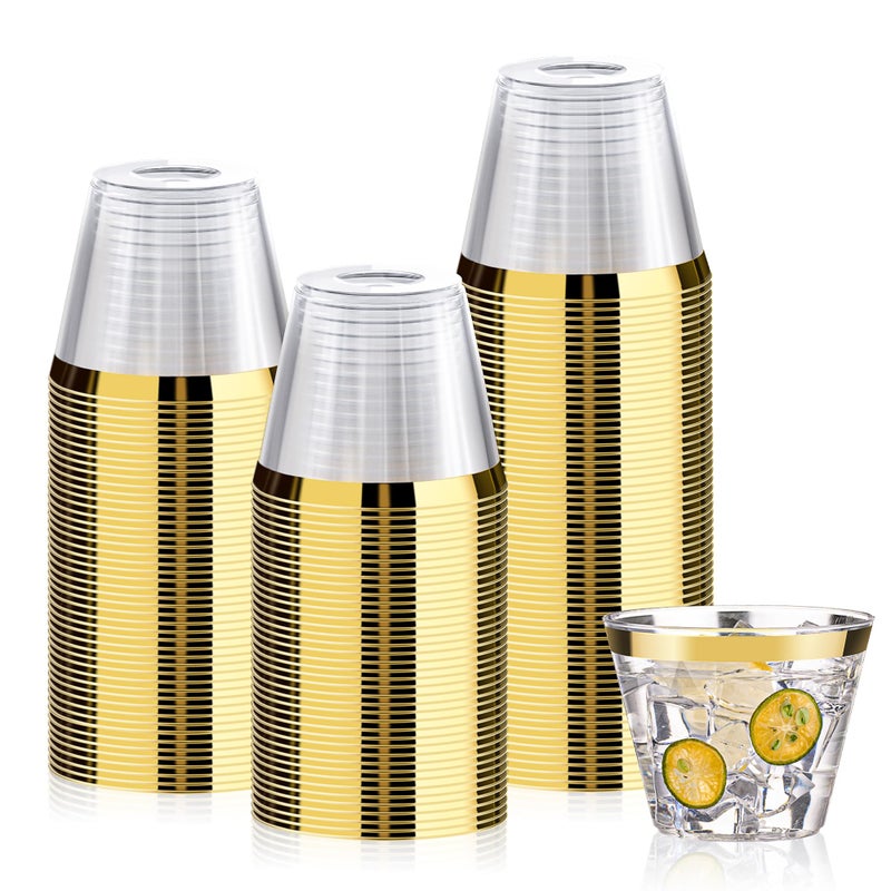 Bestluck 100 Pack 9 oz Gold Plastic Cups  Clear Disposable Cups with Gold Rim  Plastic Cocktail Glasses for Parties  Weddings - Image 1
