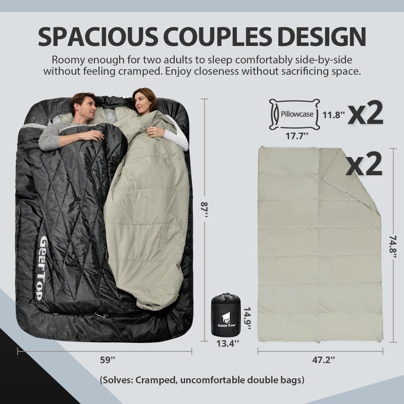 GEERTOP Comfort Doublewide Sleeping Bag with Blanket Queen Size Two Person Sleeping Bag for Adults, Couples & Family Camping - Image 5