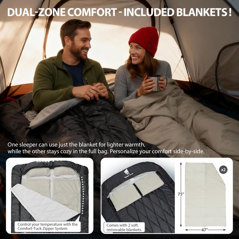 GEERTOP Comfort Doublewide Sleeping Bag with Blanket Queen Size Two Person Sleeping Bag for Adults, Couples & Family Camping - Image 2