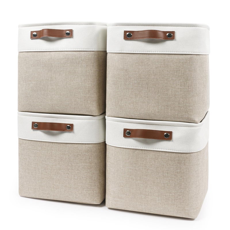 Bagnizer Collapsible Fabric Storage Cubes 11x11 Cube Storage Bins, 4 Pack Closet Baskets Box with Handles for Organizing, Shelf, Toys, Clothes, Home, Office, Nursery (Beige&White) - Image 1