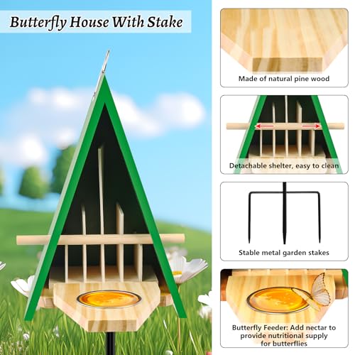 UQM 2025 New Butterfly House and Feeder for Outside, Wooden Butterfly House with Metal Stake for Garden, Natural Butterfly Habitat with Butterfly Puddler on The Floor or Hanging on Tree Wall - Image 2