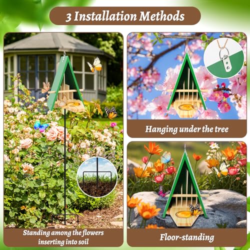 UQM 2025 New Butterfly House and Feeder for Outside, Wooden Butterfly House with Metal Stake for Garden, Natural Butterfly Habitat with Butterfly Puddler on The Floor or Hanging on Tree Wall - Image 5