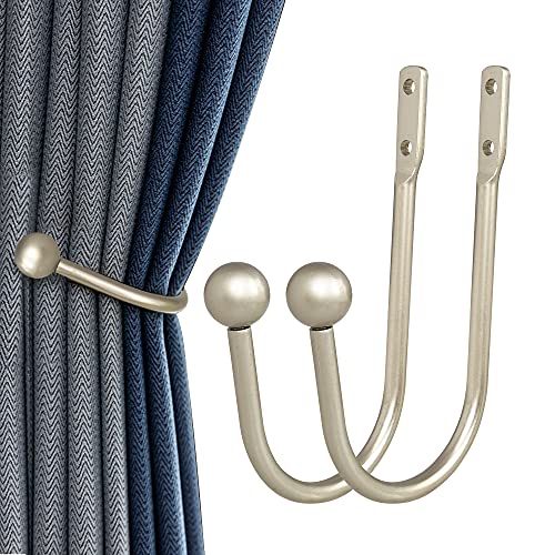 HEMOUR Curtain Holdback, 2 Pcs Wall Mounted Drapery Tiebacks with Screws, Heavy Duty Metal Decorative Window Drapery Holder Curtain Hook, Silver - Image 1