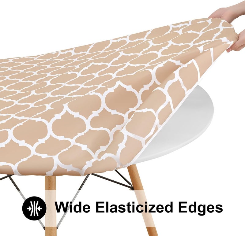 smiry Round Picnic Tablecloth, Waterproof Elastic Fitted Table Covers for 18" - 24" Tables, Wipeable Flannel Backed Vinyl Tablecloths for Camping, Indoor, Outdoor, Khaki & White - Image 3