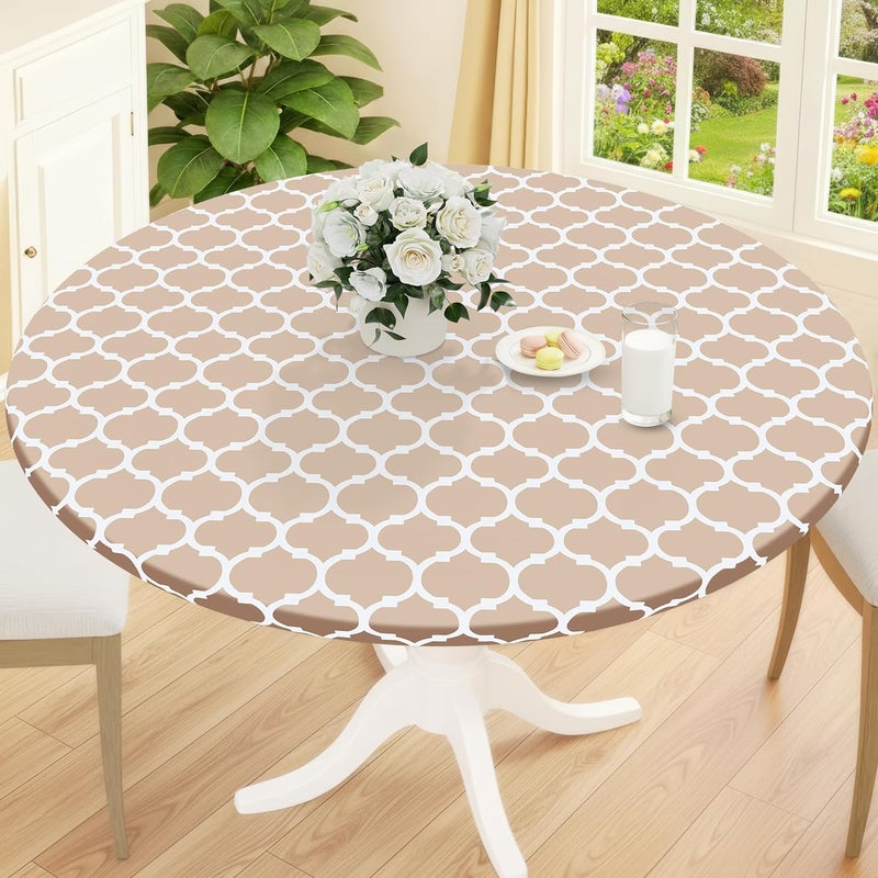 smiry Round Picnic Tablecloth, Waterproof Elastic Fitted Table Covers for 18" - 24" Tables, Wipeable Flannel Backed Vinyl Tablecloths for Camping, Indoor, Outdoor, Khaki & White - Image 1