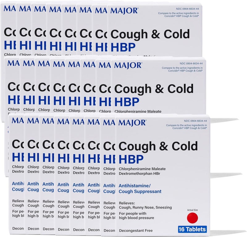 MAJOR Cough and Cold HBP Medicine - Antihistamine and Cough Suppressant for People with High Blood Pressure - Dextromethorphan HBr, Chlorpheniramine Maleate - 16 Tablets (24 Pack)